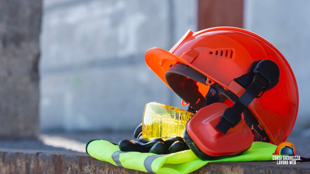 Casco arancione più occhiali protettivi, cuffie antirumore e gilet ad alta visibilità.