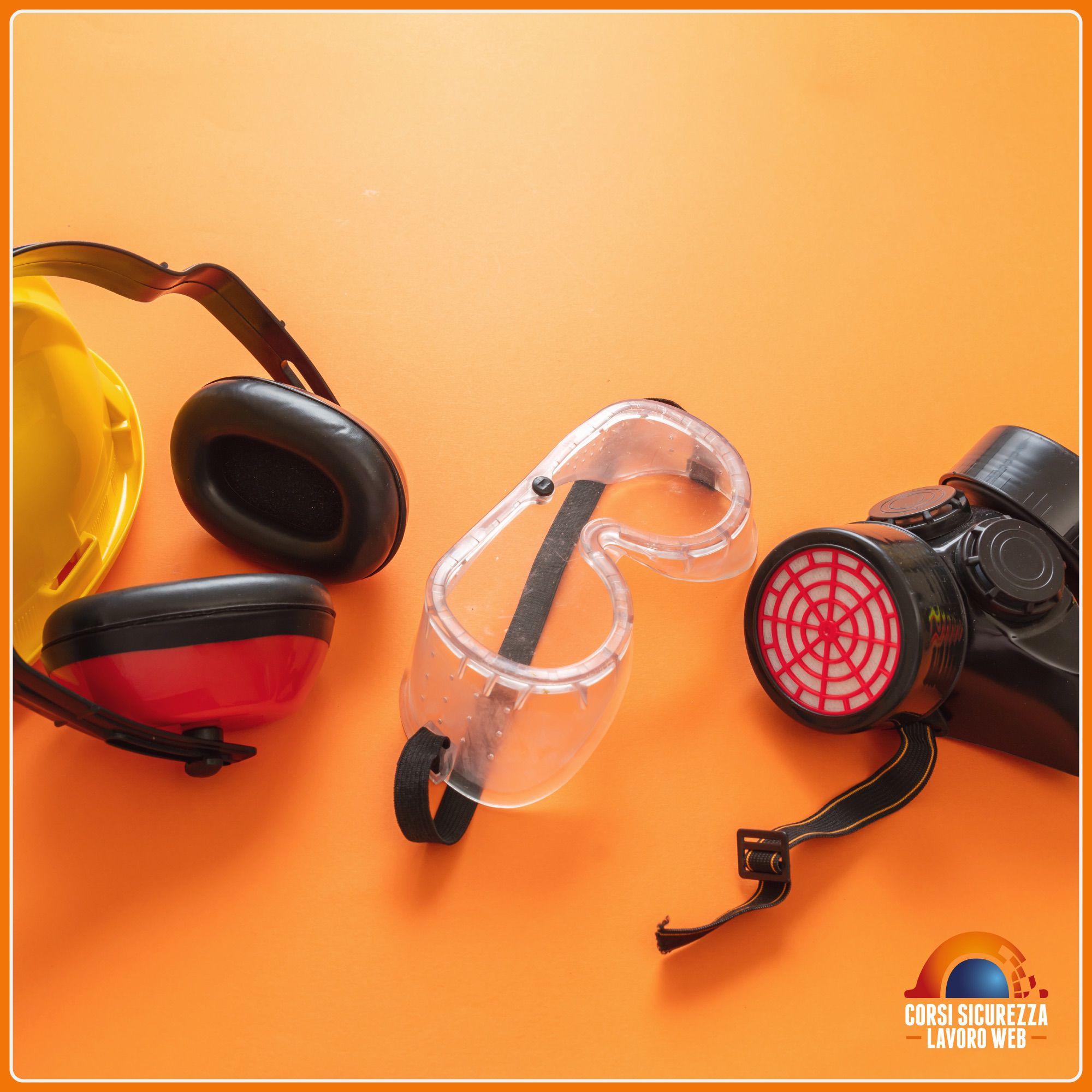 Elmetto, cuffia, occhiali e respiratore come dpi di terza categoria, su fondo arancione.