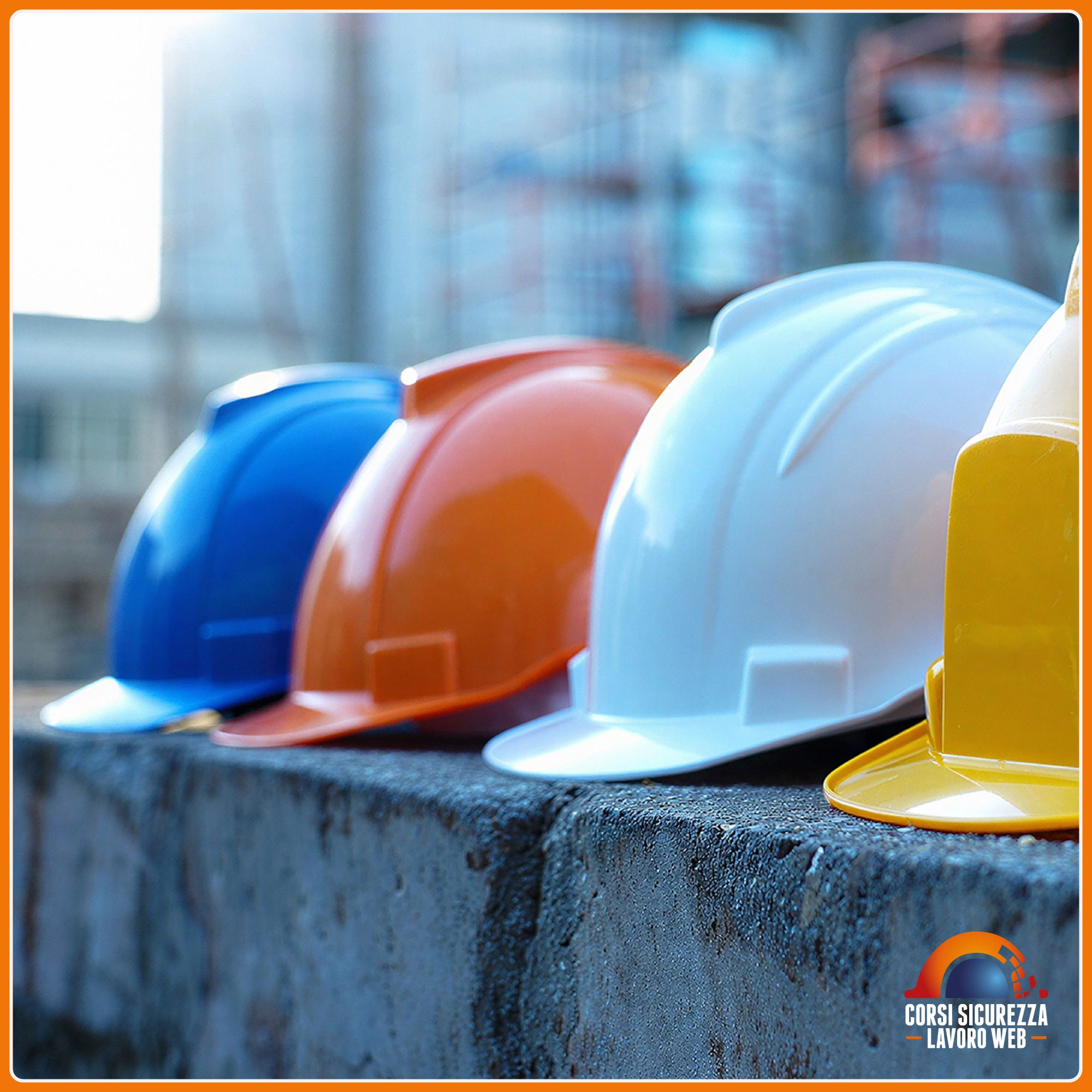 Serie di caschi di sicurezza colorati.