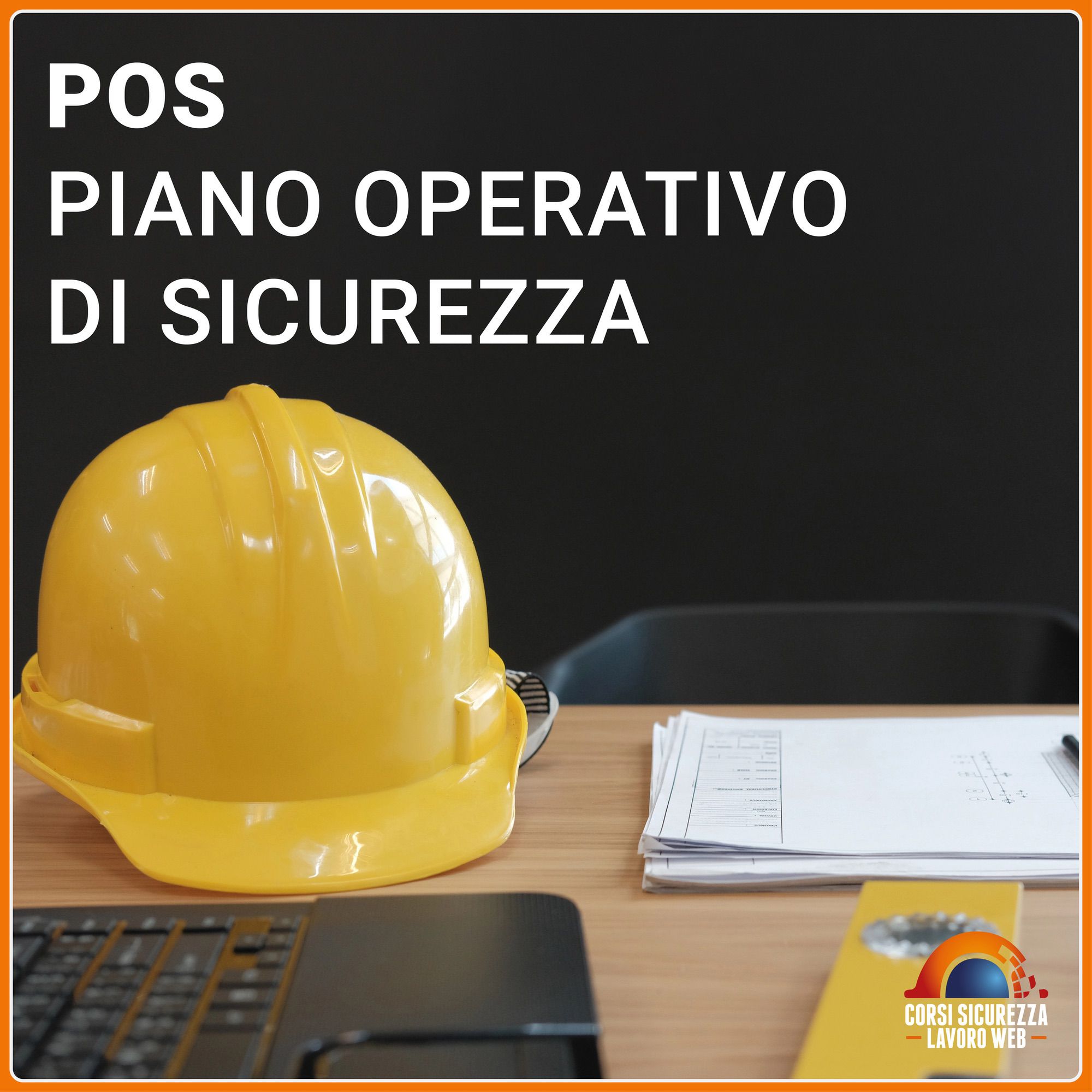 Casco da cantiere su scrivania con documenti del POS, piano operativo di sicurezza.