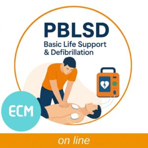 Soccorritore esegue compressioni toraciche su manichino pediatrico con defibrillatore durante corso PBLSD.