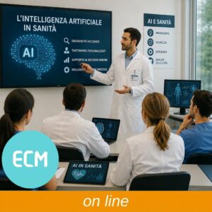 Medico presenta una lezione sull’intelligenza artificiale in sanità davanti a professionisti seduti in aula.