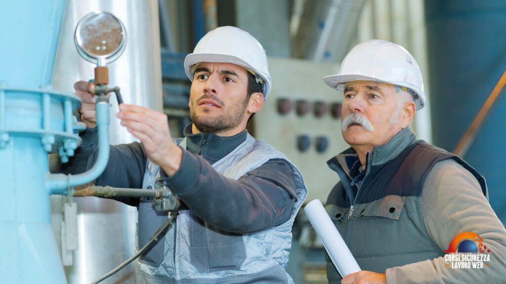 Operai che calibrano una macchina industriale.