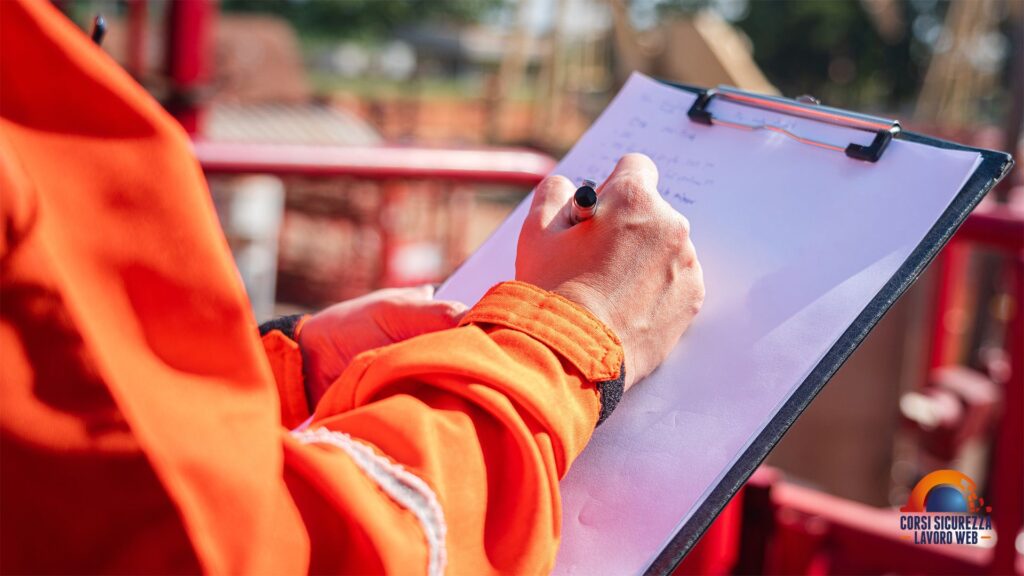 Coordinatore della sicurezza che verifica sul campo le misure di sicurezza.