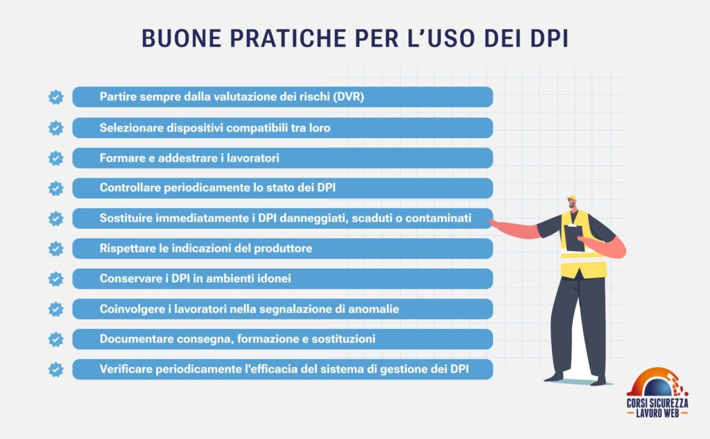 Checklist illustrata con dieci buone pratiche aziendali per la gestione dei DPI.
