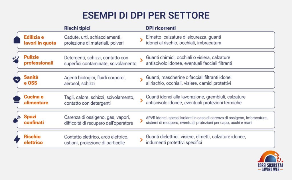 Tabella con rischi tipici e DPI ricorrenti in sei settori lavorativi.