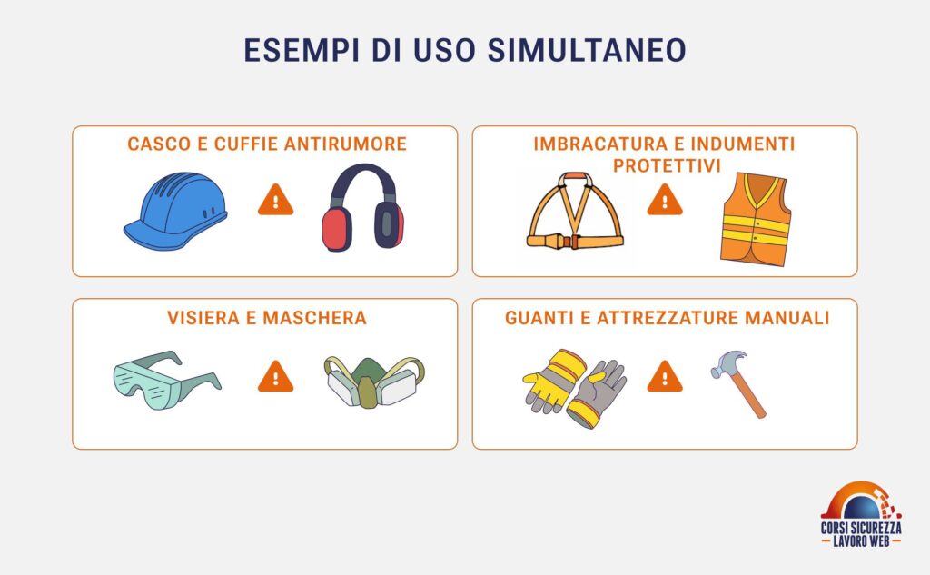 Quattro combinazioni di DPI usati insieme con avviso di compatibilità.