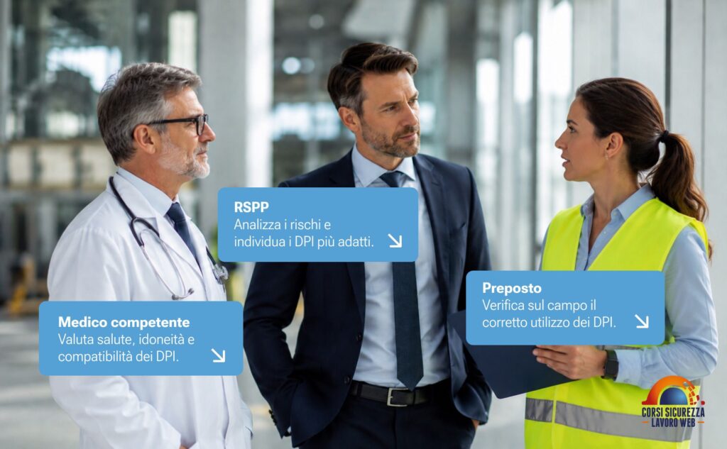 Medico competente, RSPP e preposto con i rispettivi ruoli nella scelta dei DPI.