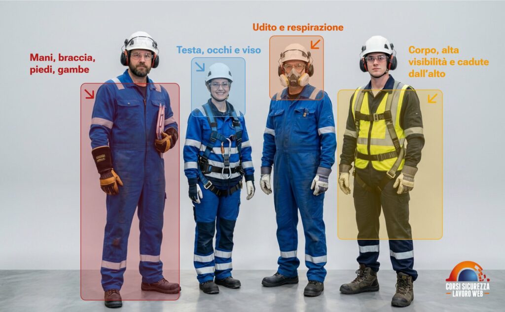 Quattro lavoratori con DPI evidenziati per zona del corpo da proteggere.