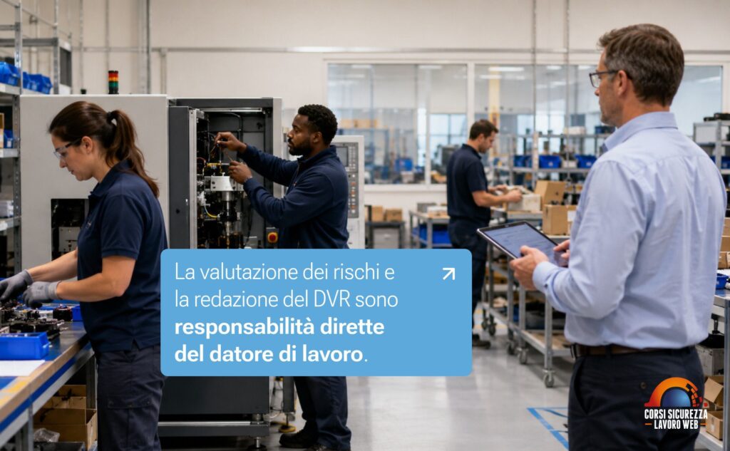 Un uomo in camicia annota su un tablet mentre tre addetti lavorano a macchine e banchi.