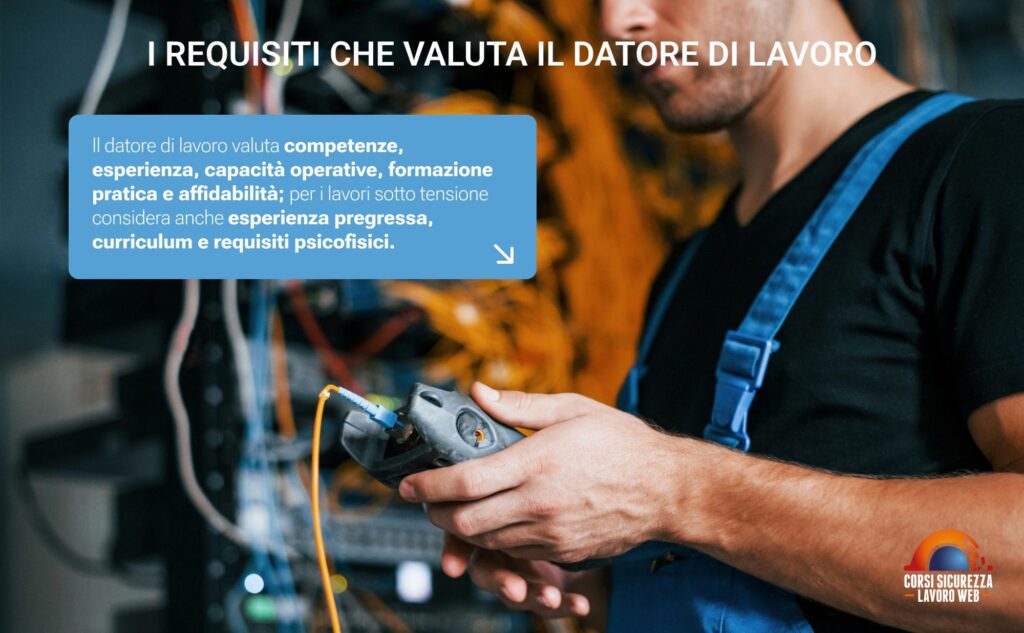 Valutazione dei requisiti da parte del datore di lavoro con operatore al lavoro sullo sfondo.