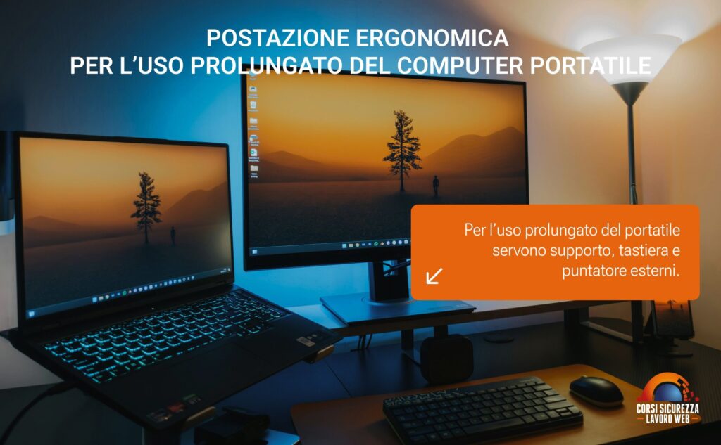 Computer portatile su supporto con tastiera e mouse esterni in una postazione di lavoro.